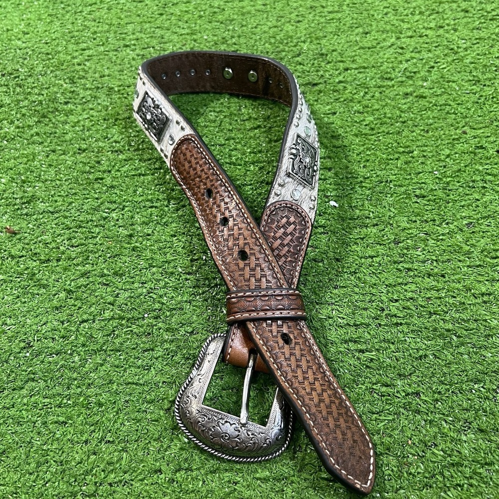 Nocona Youth Girls Western White Cow Hide Belt 20" Studded Rhinestones Concha
